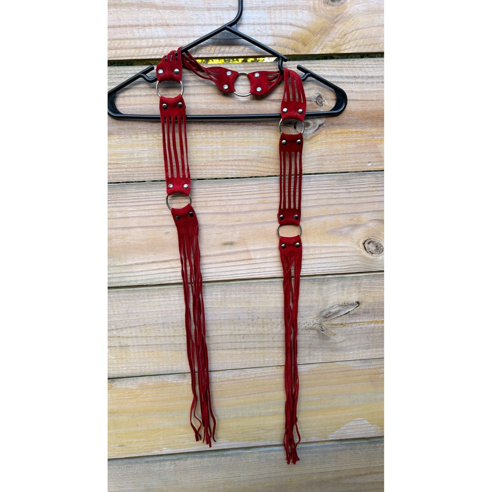 Red Suede Fringe Body Harness O-Ring Western Festival Accessory 68 Inch